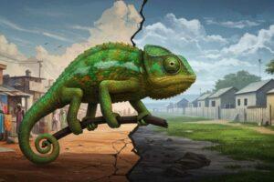Symbolic image for Trevor Noah's Born a Crime: A chameleon seamlessly blending its skin across two contrasting South African landscapes—a vibrant township and a sterile suburb—representing themes of identity, adaptability, and navigating apartheid's divisions.