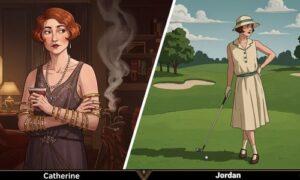 Catherine character analysis image: A split-panel illustration contrasting Catherine's gaudy, aspirational femininity in a cramped apartment with Jordan Baker's cool, privileged athleticism on a golf course, symbolizing the class divide in The Great Gatsby.