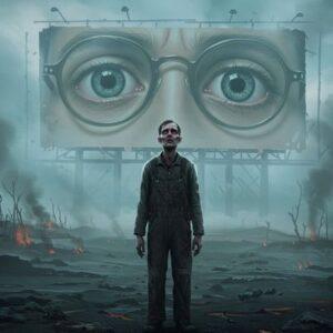 George Wilson character analysis image: A grief-stricken George Wilson in the desolate Valley of Ashes, with the looming eyes of Doctor T. J. Eckleburg behind him, symbolizing his despair, delusion, and tragic fate in The Great Gatsby.