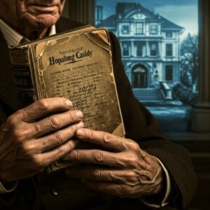 Henry Gatz character analysis: An elderly man's hands holding open Gatsby's boyhood "Hopalong Cassidy" book, showing his ambitious schedule, with Gatsby's grand mansion blurred in the background, symbolizing his humble origins and a different American Dream.
