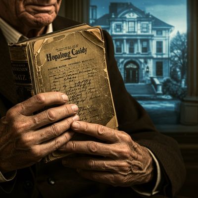 Henry Gatz character analysis: An elderly man's hands holding open Gatsby's boyhood "Hopalong Cassidy" book, showing his ambitious schedule, with Gatsby's grand mansion blurred in the background, symbolizing his humble origins and a different American Dream.