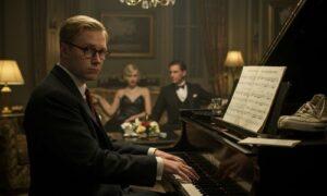 Klipspringer character analysis image: Klipspringer playing the piano with a bored expression while Gatsby and Daisy are in the background, symbolizing his transactional role and the ironic soundtrack to the romance in The Great Gatsby.