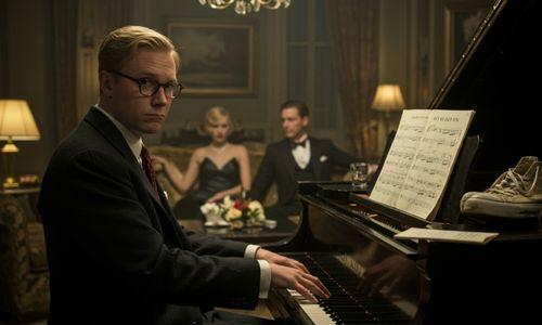 Klipspringer character analysis image: Klipspringer playing the piano with a bored expression while Gatsby and Daisy are in the background, symbolizing his transactional role and the ironic soundtrack to the romance in The Great Gatsby.