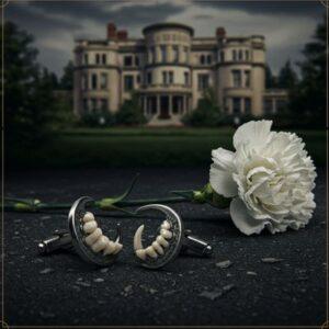 Symbolic image for Meyer Wolfsheim character analysis: Human molar cufflinks and a wilting carnation, with Gatsby's empty mansion blurred behind, representing Wolfsheim's cynical pragmatism, broken loyalties, and the corrupt foundations of Gatsby's world.