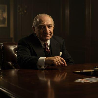 Meyer Wolfsheim character analysis: A shrewd, older man (Meyer Wolfsheim) in a dimly lit 1920s speakeasy, with human molar cufflinks visible, symbolizing his underworld connections, corruption, and unsettling presence in The Great Gatsby.