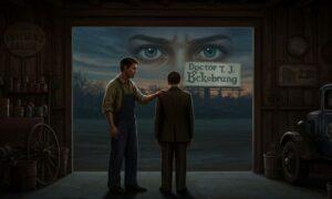 Michaelis comforting a grieving George Wilson in his desolate garage, with the eyes of Doctor T. J. Eckleburg in the background, symbolizing his role as a compassionate witness and voice of reason in The Great Gatsby.