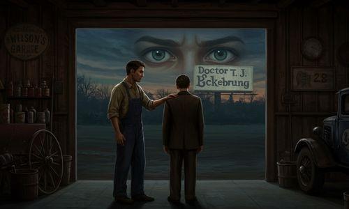 Michaelis comforting a grieving George Wilson in his desolate garage, with the eyes of Doctor T. J. Eckleburg in the background, symbolizing his role as a compassionate witness and voice of reason in The Great Gatsby.