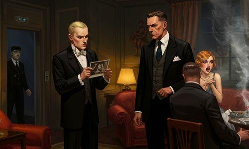 Mr. and Mrs. McKee character analysis: An expressionist painting of the McKees at Myrtle's chaotic party in The Great Gatsby, showing Chester's artistic pretension and Lucille's social anxiety, with a watchful elevator boy in the background symbolizing themes of surveillance and subtext.