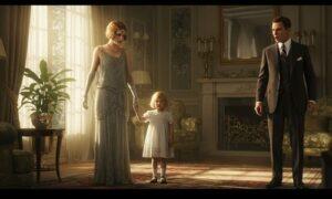 Pammy Buchanan symbolism: Jay Gatsby looking shocked at Daisy Buchanan holding her daughter, Pammy, symbolizing the shattering of his dream by the tangible reality of the unrepeatable past in The Great Gatsby.