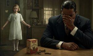 A Symbolic image for Pammy Buchanan analysis: Tom Buchanan crying over a box of dog biscuits in the foreground, while a ghostly, neglected image of his daughter Pammy stands in the background, symbolizing parental carelessness and misplaced grief in The Great Gatsby.