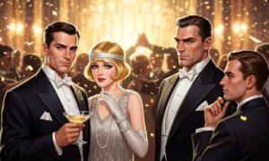 A vibrant Art Deco painting for a Great Gatsby characters analysis, showing Jay Gatsby, Daisy Buchanan, Tom Buchanan, and Nick Carraway interacting at one of Gatsby's lavish parties, representing the novel's central figures.