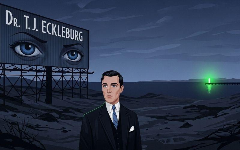 Symbolic illustration for The Great Gatsby's American Dream theme, showing the Eyes of Dr. T.J. Eckleburg looming over the Valley of Ashes, while the distant green light shines, representing the clash between hope and moral decay.