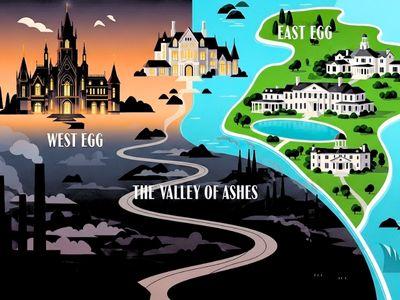 A map illustrating the geography of social class in The Great Gatsby, showing the contrast between the wealthy East and West Egg and the industrial Valley of Ashes.