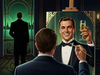 Digital illustration showing Nick Carraway's hand painting a romanticized portrait of Jay Gatsby, symbolizing the theme of illusion vs. reality and the unreliable narrator.