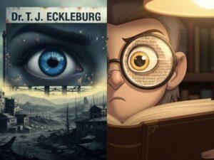 A split image contrasting the Eyes of Dr. T.J. Eckleburg with the character Owl Eyes, symbolizing the different ways of seeing in The Great Gatsby's theme of illusion vs. reality.